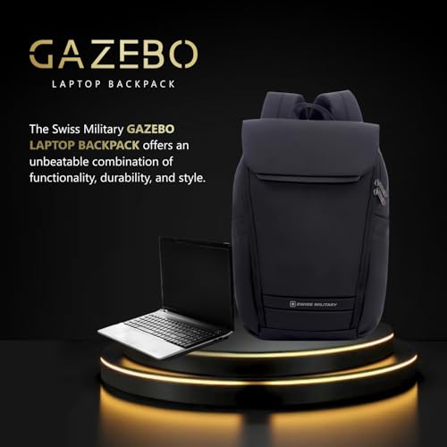 Image of SWISS MILITARY Black & Gold Collection Gazebo Laptop Backpack, PU Coated Water-Resistant Material,15.6 inch Laptop, 180 Openable Compartment & Quick Access & Anti-Theft Pocket with Trolley Strap, (21L)