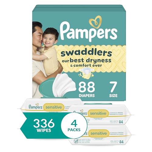 Image of Pampers Swaddlers Disposable Baby Diapers Size 7, One Month Supply (88 Count) with Sensitive Water Based Baby Wipes 4X Pop-Top Packs (336 Count) [Packaging May Vary]
