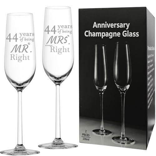 ERYUWOZA 44 Year Anniversary Champagne Flutes Set of 2, 44th Anniversary Wedding Gift for Couple, Him, Her, Wife, Husband, Parents, Women, Men, 44th Anniversary Decorations Gift