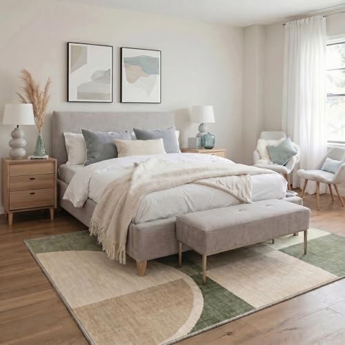 Image of BEIMO Area Rugs 5x7 for Living Room Bedroom, Geometric Blocks Print Pattern Modern Abstract Machine Washable Rug, Large Soft Low Pile Floor Carpet with Non Slip Backing for Dining Room, Sage Beige