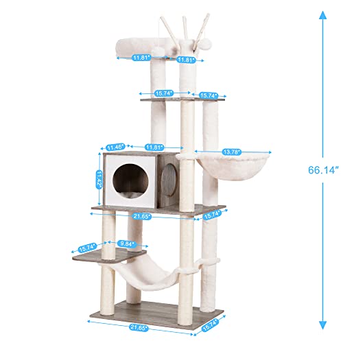 Image of Hey-brother Wooden Cat Tree, 66.1 inch Cat Furniture with Scratching Posts, Modern Cat Tower with hammocks, Toys, cat condo, Rustic Gray MPJ120SG