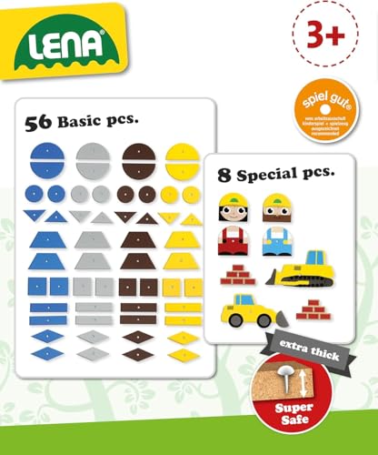Lena 65828 Hammerspiel, Nagelspiel mit 64 bunten 8 Baustellen Teilen, Grundplatte aus Kork ca. 28 x 19,5 cm, Hammer und Nägel, Klopfspiel für Kinder ab 3 Jahre, Hämmerchenspiel, Mehrfarbig