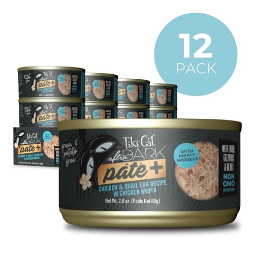 Image of Tiki Cat After Dark Pate+ Chicken & Quail Egg, 2.8 oz. Can (12 Count) | Tiki Cat After Dark Pate+ with chicken and quail egg, Organ meat, High Protein, High Moisture, 2.8 oz. cans, 12 Pack