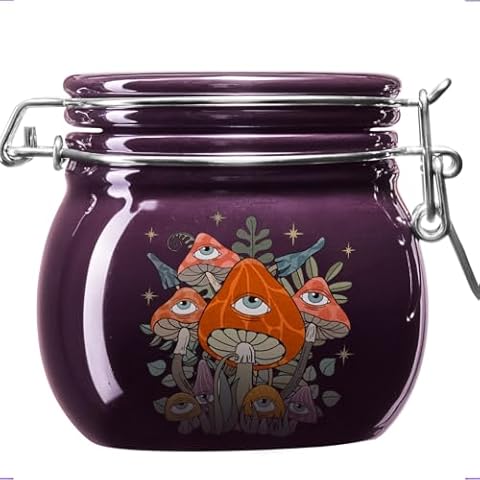 Herbs Stash Jar - Witchy Storage Jar, Smell Proof Stash Container Cute Mushroom Pottery Jar, Cauldron Stash Canister with Airtight Lid, Decorative Jar for Wicca Moon Witchcraft Magick Altar Ritual Cover