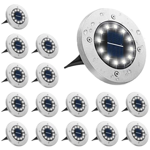 Bowfar 16 Stück Solar Bodenleuchten Aussen, Solarleuchten Garten mit 12 LEDs für Außen, 3000K Kaltweiß Wasserdicht Led Solar Gartenleuchten, Solarlampen für Rasen Auffahrt Gehweg Patio Garden