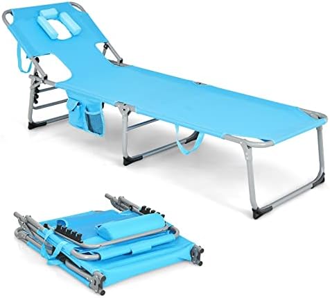 Giantex Beach Chair Chaise Lounge - Tanning Chair with Face Arm Hole, Detachable Pillow, Adjustable Backrest, Side Pocket, Carry Handle, Outdoor Folding Lounge Chair, Sunbathing Chair (1, Turquoise)