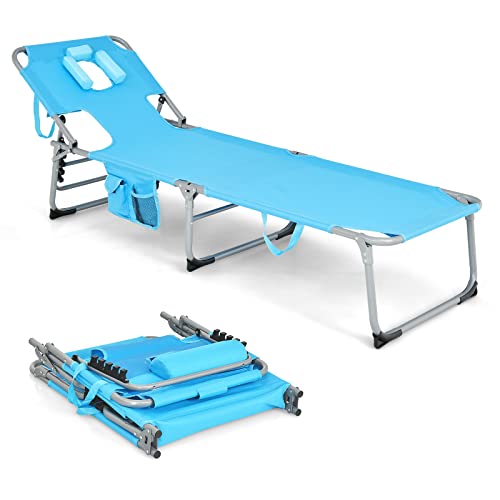 Giantex Beach Chair Chaise Lounge - Tanning Chair With Face Arm Hole, Detachable Pillow, Adjustable Backrest, Side Pocket, Carry Handle, Outdoor Folding Lounge Chair, Sunbathing Chair (1, Turquoise) #TOP11