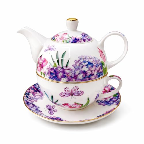 AHKALVTE Porcelain Tea for One Set Beautiful Flower Ceramic Teapot with Cup Gifted Box (Hydrangea)