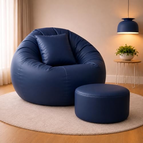 Image of 4XL Tear Drop Bean Bag with Footrest & Cushion | Premium Leatherette Bean Bag Cover | XXXXL Lounger Chair for Living Room | Without Beans | Upto 150 Kg (Navy::Blue, XXXXL)