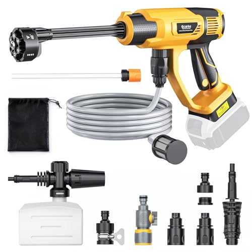 Ecarke Portable Car Cleaning Tool Compatible with Dewalt 20V Battery 6-in-1 Nozzle & Foam Cannon 3-Speed Adjustment 5m Hose Brushless Motor for Car Floor Patio Fence(Tool ONLY NO Battery)