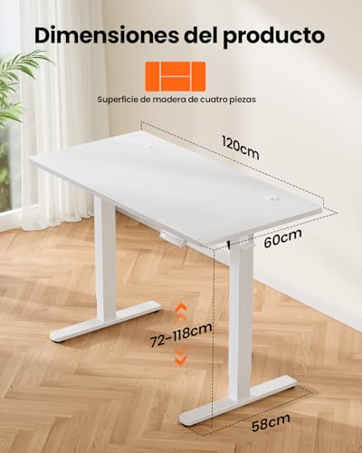 Miniatura 4 de ErGear Escritorio Elevable Eléctrico, 120x60cm, Blanco | Ajuste Eléctrico 72-118cm, 4 Memorias, 80kg, <55dB, Estable, Ganchos y Pasacables, Tablero Ensamblado.