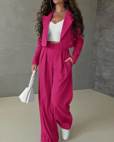 KIRUNDO Fall Sets Women 2 Piece Outfits Business Casual Cropped Blazer and Wide Leg Pants Suit Sets Work Clothes(Rose Red, Medium) — view 5