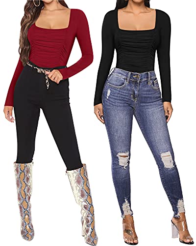 Image of MANGOPOP Womens Square Neck Ruched Double Lined Long Sleeve Bodysuit Tops Jumpsuit, Black, Large