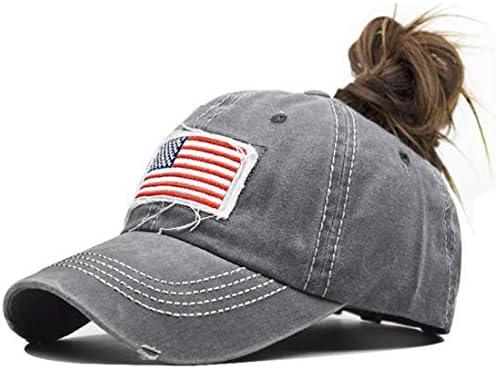 Distressed Ponytail Hat for Women American-Flag Pony Tail Caps High Bun Grey