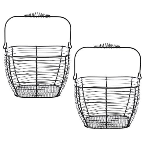 OGANAZI 2 Stück Eierkorb aus Draht Quadrat Eier Sammelkorb Schwarz Metall Gitterkorb Küche Obstkörbe Klein Modern Brotkorb Aufbewahrungskorb mit Griff Tischdeko Gemüsekorb Obstschalen Picknickkorb