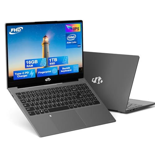 15.6" IPS FHD Laptop, 16GB RAM 1TB SSD, Intel 12th Gen N100 CPU(Beat to i3-1115G4, Up to 3.4GHz), Backlit Keyboard, Fingerprint, 65W Type C, WiFi 6, BT5.2, SD Card Reader, Home Office Computer, W...