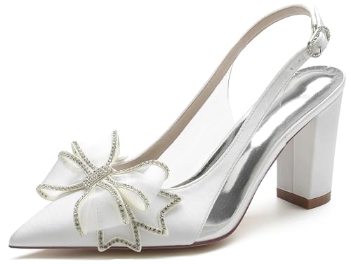 Hanfike Wedding Dress Shoes for Women Slingback Chunky High Heel Bridal Pumps with Bows JY023