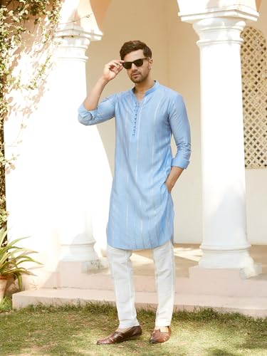Image of See Designs Men Full Sleeve Chanderi Silk Sequins Mandarin Collar Side Slit Kurta With Pyjama