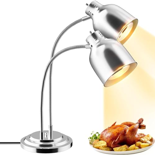 Food Heat Lamp, 500W 2-Head Commercial Food Warmer, Thickened Electroplated Lampshade/Fast Heat Dissipation/All-Round Free Adjustment, for Restaurant Kitchen Cafeteria