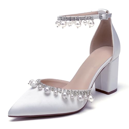 Closed Toe Pearl Wedding Shoes for Bride High Heels Ankle Strap Strappy Block Heels Bridal Shoes Satin Shoes Pumps
