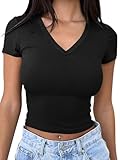 TICTICMIMI Women's Summer V Neck Crop Tops Basic Short Sleeve T Shirts Ribbed Knit Fitted Y2K Tee Shirts Black