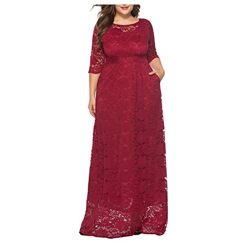 Amazon.com: Plus Size Spring Dresses for Women, Sexy Solid Lace Round Neck  Mid Sleeve Long Maxi Evening Prom Dress (XL, Red) : Clothing, Shoes &  Jewelry