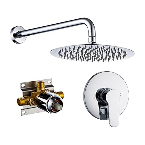 RUGUS Chrome Shower Faucet Set，Bathroom Rainfall Wall Mounted Shower System with Stainless Steel Metal 10 Inch Round Rain Showerhead, Single Function Shower Trim Kit with Rough-in Valve. Cover