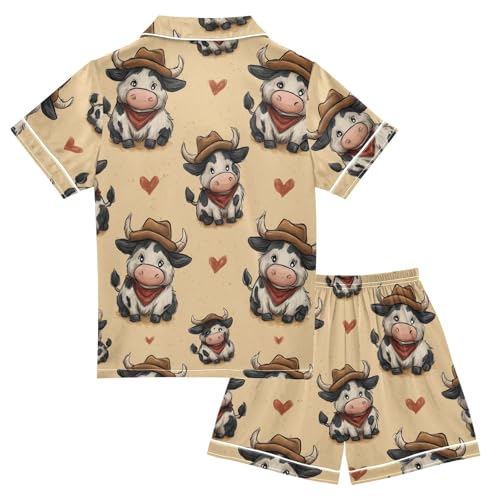 Satin Pajama Sets Short Sleeve Cow with Cowboy Hearts Button Down Silky Nightwear 2 Piece PJS 5Y,2