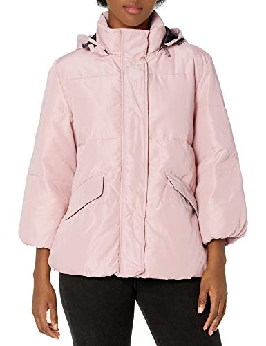Lark & Ro Women's 3/4 Sleeve Short Puffer Coat With Front Zipper, Pink, Medium