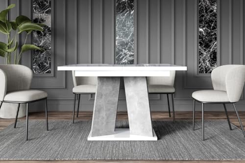 ALTDECOR Esstisch ausziehbar, ideal als Küchentisch, Esszimmertisch - oder Wohnzimmertisch, solide Konstruktion aus Möbelplatte, 120-160x90x75 cm - Hochglanz Weiß/Betonoptik - UFOM