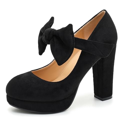 MAIERNISI JESSI Women's Bow Heel Pumps Removable Bow Platform Chunky High Heeled Wedding Dress Shoes