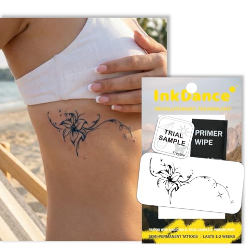 InkDance Semi-Permanent Tattoo, Lily Flowers, Tropical floral, Long Lasting Temporary Tattoos, Waterproof Plant-Based Ink, Lasts 1-2 Weeks, Color Develops in 24 Hours D316