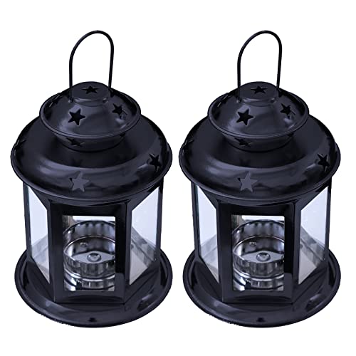 Par de linternas Colgantes de Vidrio Antiguo de diseño Europeo con Estrellas con Marco de Metal candelabro,lámpara de Noche, romántica de Navidad,decoración de Fiesta de Boda,Paquete Original (Negro)