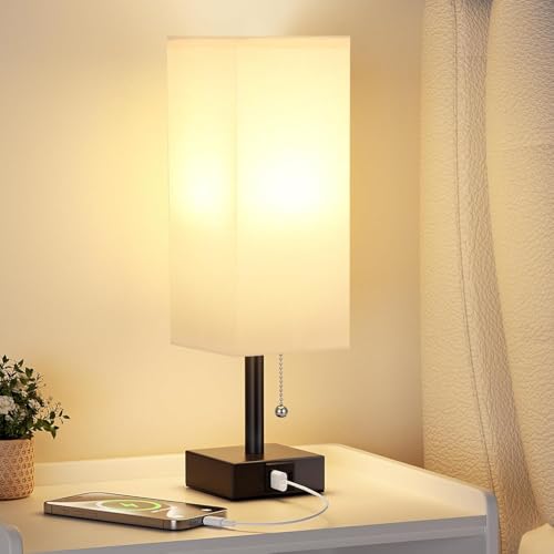 Clora Bedside Lamp with USB A+C Charging Ports, 3 Color Temperatures, Pull Chain Table Lamp with Square Linen Lampshade for Bedroom, Living Room, Office, LED Bulb Included (White)