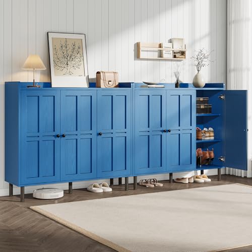 Image of ONBRILL Shoe Cabinet with 3 Doors and Adjustable Shelves, 30 Pairs Shoe Storage Cabinet, 40 Inch Tall Farmhouse Shoe Rack Shoe Organizer Cabinet for Entryway Living Room Closet, Blue