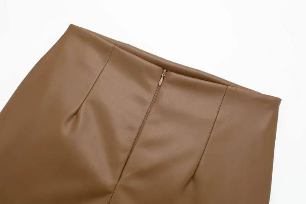 SWEPER Jupe Courte Femme - Jupe Portefeuille Noire Sexy en PU, Jupe Portefeuille Abricot Plissée Anti-Brillance, Taille Haute, Jupe en Cuir Irrégulière Café