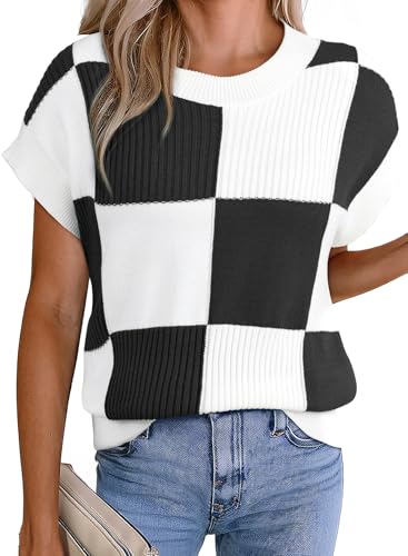 Image of EVALESS Short Sleeve Sweater for Women Crewneck Color Block Knit Tops 2026 Summer Trendy Cap Sleeve Sweater Vest