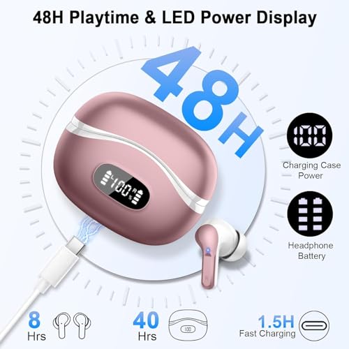 Image of Wireless Earbuds, Bluetooth Headphones 5.4 HiFi Stereo, Ear Buds with 4 ENC Noise Cancelling Mics, 48H Bluetooth Earbuds with Dual LED Display, IP7 Waterproof Earphones for Android iOS, Rose Gold