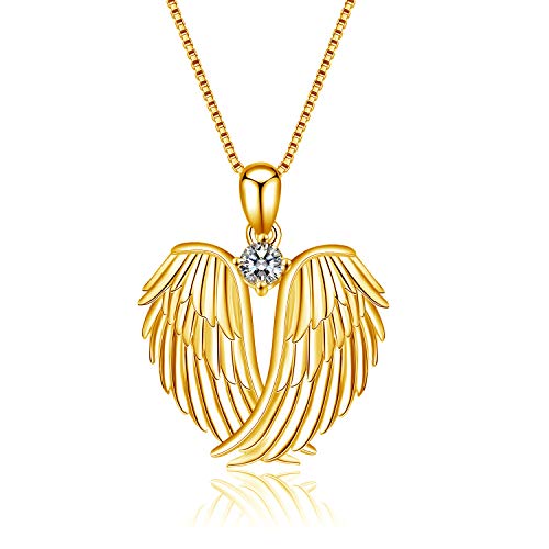 YFN Angel Wings Necklace 925 Sterling Silver Yellow Gold Plated Guardian Angel Wings Pendant Necklace for Women Jewelry Gifts
