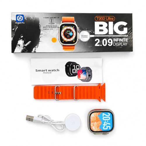 Image of T900 Ultra Smart Watch with Orange Strap, Bluetooth Connectivity, Fitness Tracking, HD Display (Orange)
