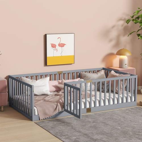 Tatub Twin Floor Bed with High Rails and Convertible Door, Solid Wood Cama Montessori Bed Without Slats for Kids, Boys and Girls