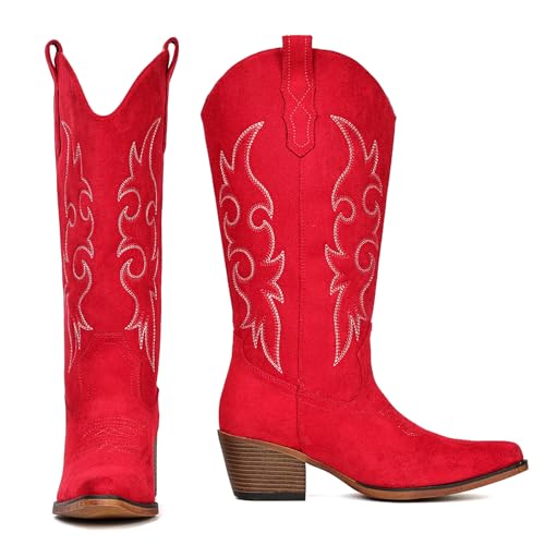 Image of IUV Cowboy Boots For Women Western Cowgirl Boots Mid Calf Snip Toe Boot With Chunky Heel