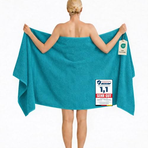 Komfortec Drap de Bain 100x200 cm, 100% Coton, Grande Serviette de Bain, Douce et Très Absorbante, Turquoise