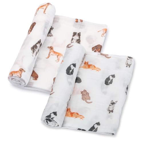 Image of LollyBanks Muslin Swaddle Blankets 2PACK, 100% Cotton Baby Blanket 47 x 47 Inches, Large Baby Swaddle Breathable, Muslin Blankets for Boys and Girls (Cat and Dog Print)