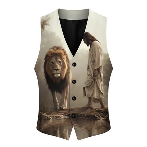 Man And Lion Trendy Vest Suit for Men V Neck Formal Dress Waistcoat Vests Business Slim Fit3