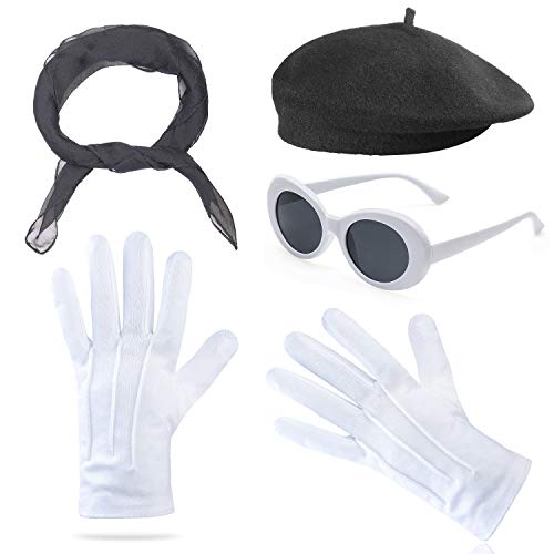 Preisvergleich Produktbild Beelittle Damen Kostümzubehör - Französischer Baretthut, 50er Jahre Schierer Chiffonschal, Deluxe-Theaterhandschuhe, Weiße Sonnenbrillen-Schutzbrille (Schwarz)