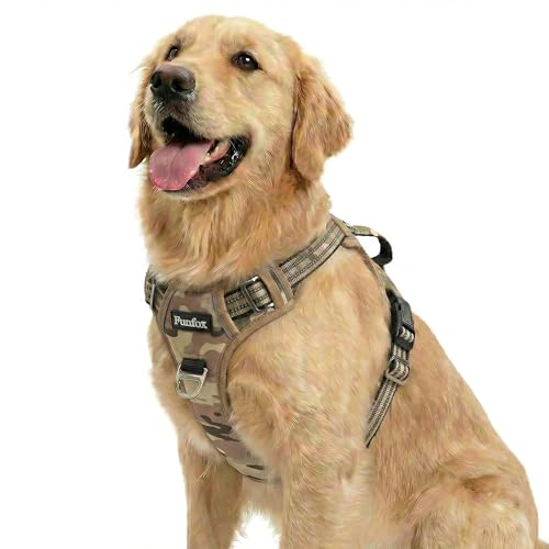 Funfox Hundegeschirr Mittelgroße Hunde [L] - Verstellbares Anti-Zug Brustgeschirr mit Griff & Reflektorstreifen, Atmungsaktives No Pull Hundegeschirr für Grosse/Kleine Hunde Outdoor Tarnbraun