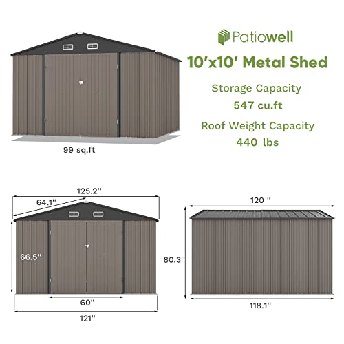 Patiowell 10 X 10 Ft Outdoor Storage Shed,Metal Yard Shed With Design Of Lockable Doors, Utility And Tool Storage For Garden, Patio, Backyard, Outside Use,Brown #TOP5