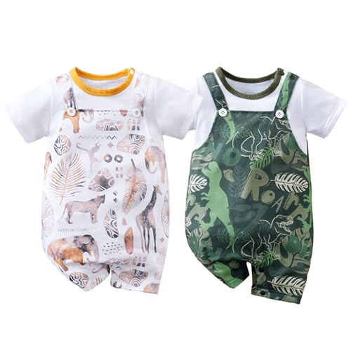 Image of RELABTABY 2-Pack Baby Boys Girls Romper Newborn Cartoon Print Short Sleeve Onesie Summer Clothes