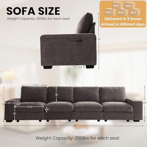 Image of TEKAMON 128 inch Modular Sofa Couch with Seat Storage, Modern Comfy Long 4-Seater Chenille Couch for Living Room, Office, Apart W /Deep Seat, Wide Armrest, USB Port, Side Pockets, Washable Covers (DkGrey)